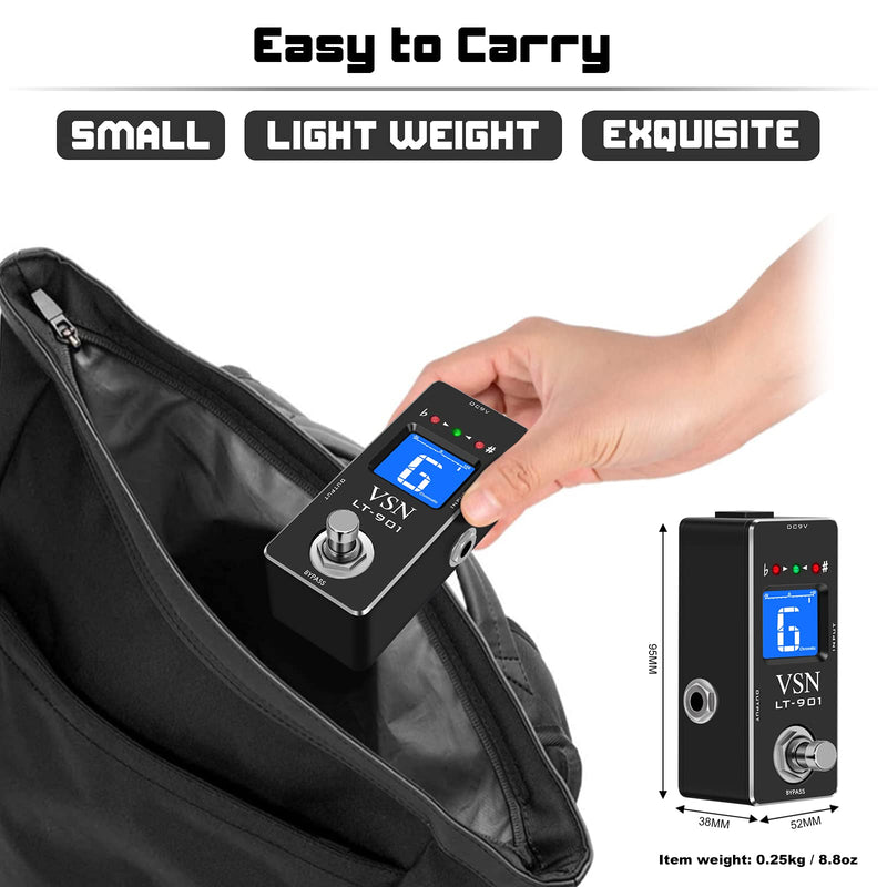 VSN Tuner Pedal,Chromatic Guitar Tuner Pedal Fast and Accuate Tuner for High Precision ± 1 Cent with Pitch Indicator for Electric Guitar and Bass True Bypass LT-901 Black Pedal Tuner