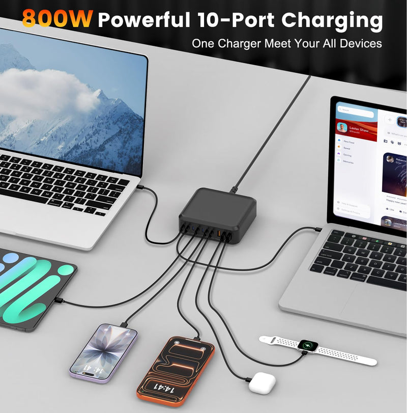 800W USB C Charger Block Fast 10-Port USB C Charging Station GaN PD 140W Laptop Charger Adapter for MacBook Pro/Air, DELL, iPad, iPhone, Samsung Galaxy