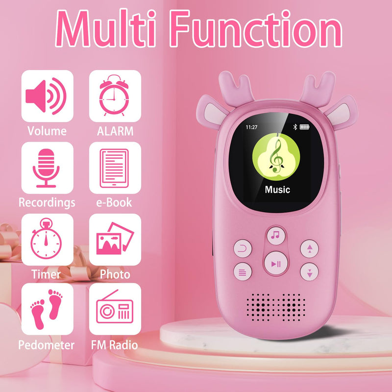 [AUSTRALIA] - 64GB MP3 Players for Kids, Cute Reindeer Portable Music Bluetooth Kid MP3 Player, Child MP3 Player with Bluetooth 5.3,Speaker, FM Radio, Alarm Clock, Voice Recorder, Stopwatch (Support up to 128GB) 64GB Pink 