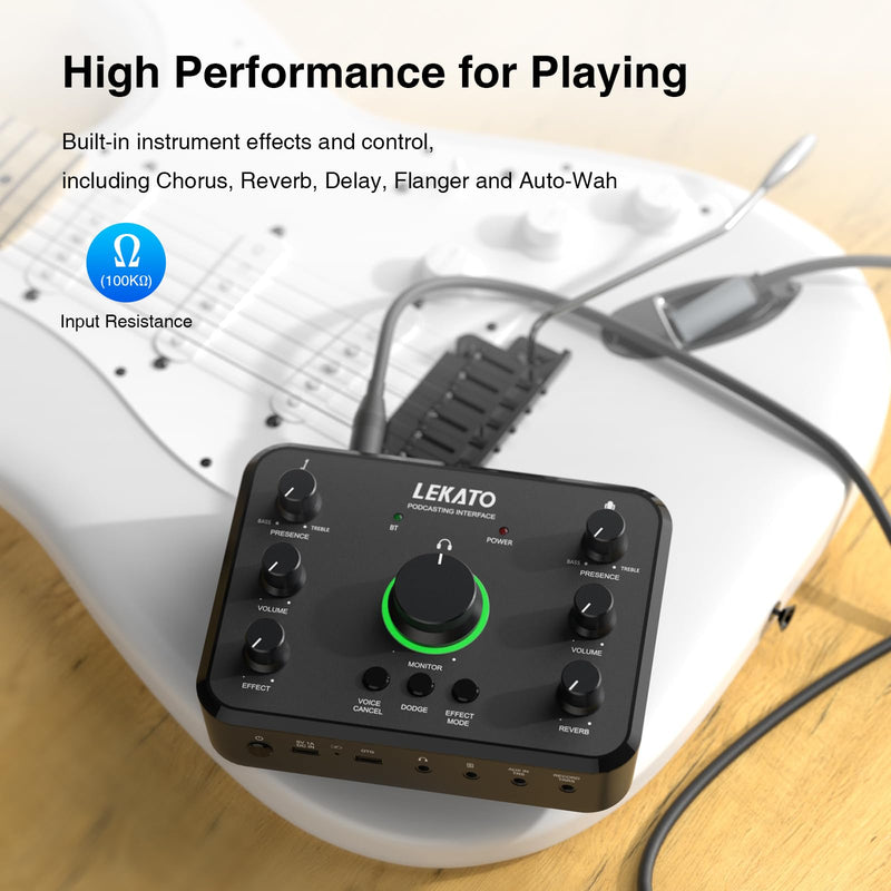 LEKATO Rechargeable Bluetooth Audio Interfaces, USB Audio Interface with XLR Mic, Hi-Z Line, 24bit/96kHz, 48V Phantom Power for Gaming Vocal Streaming Podcast Recording