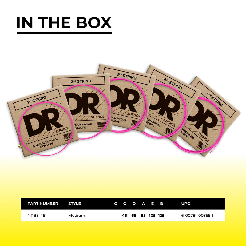 DR Strings HI-DEF NEON Bass Guitar Strings (NPB5-45) NEON™ PINK: 5-String Medium 45-125