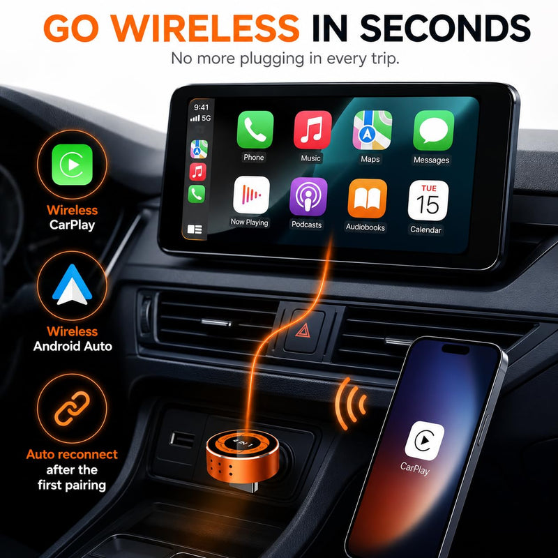 4-in-1 Wireless CarPlay Adapter, Converts Wired CarPlay & Android Auto to Wireless, Supports AirPlay & Screen Mirroring, Auto Reconnect, USB-A/C Included, Plug and Play