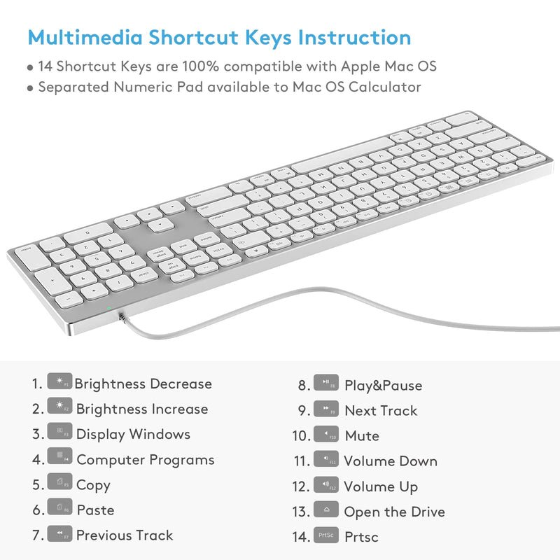 Wired Keyboard for Apple Mac OS, All-Aluminum Frame, Plug-N-Play Cable Connection, Desktop USB Keyboard with Numeric Keypad Compatible with iMac Computer or MacBook Laptop by Yivandi -White