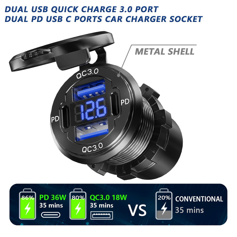 2PCS, Dual PD USB C Ports & Dual Quick Charge 3.0 Ports Car Charger Socket, VANONE Aluminum Alloy Waterproof 12V USB Outlet, Accessories for Car Boat Marine Motorcycle RV ATV Truck Golf Cart GSG2023-1M