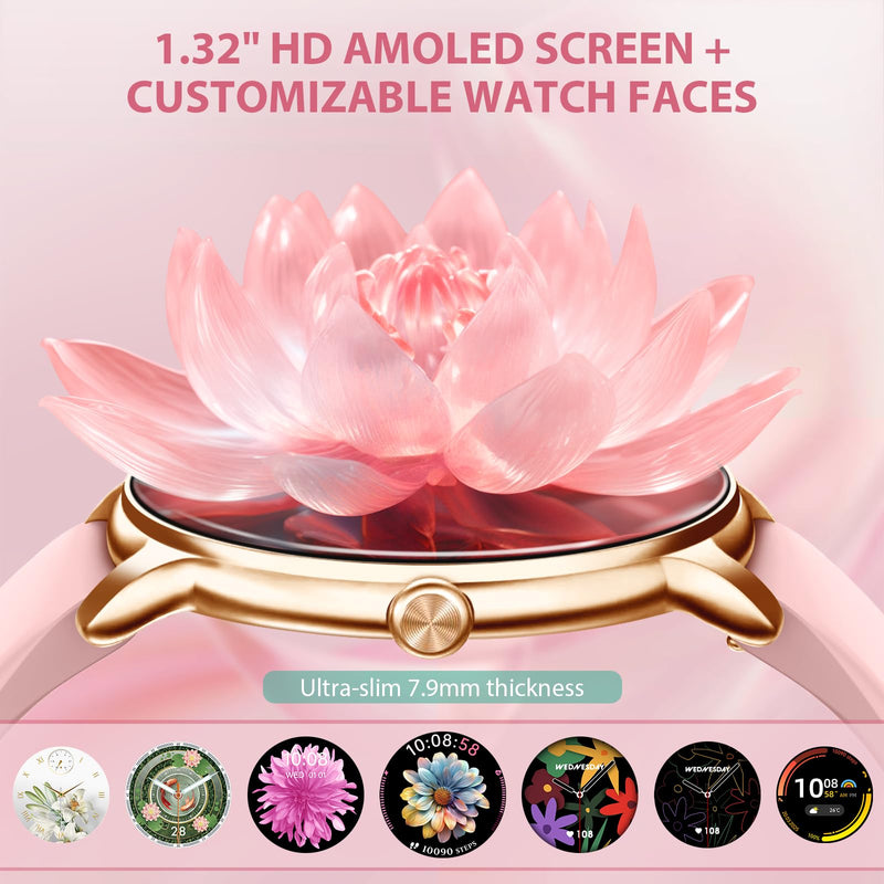 Smart Watch for Women Round Android iphone compatible IP68 Waterproof | Zolovip Womens Fitness Watch Answer/Make Call, Ultra thin 1.32" AMOLED, 100+ Sport Modes, Health/HR/Sleep, 2 Straps