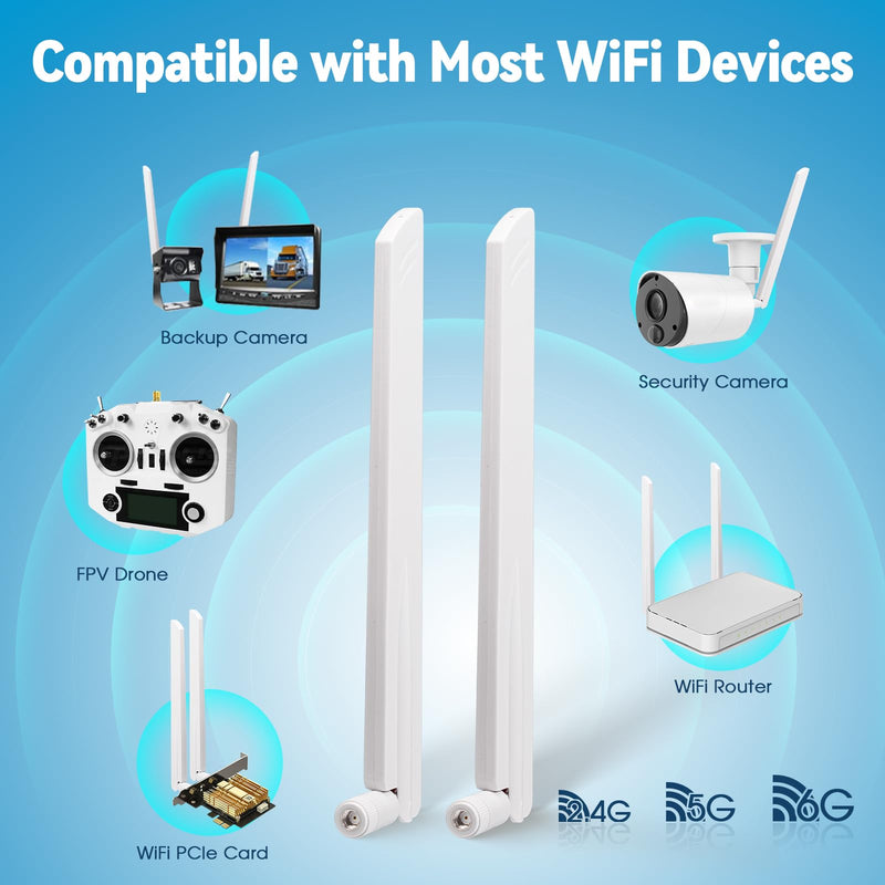 Eightwood Tri-Band WiFi 6E Antenna, RP-SMA Antenna White (2-Pack) | for Desktop PC Motherboard, PCIe WiFi Card, Wireless Router, Security Camera, 2.4GHz 5GHz 6GHz