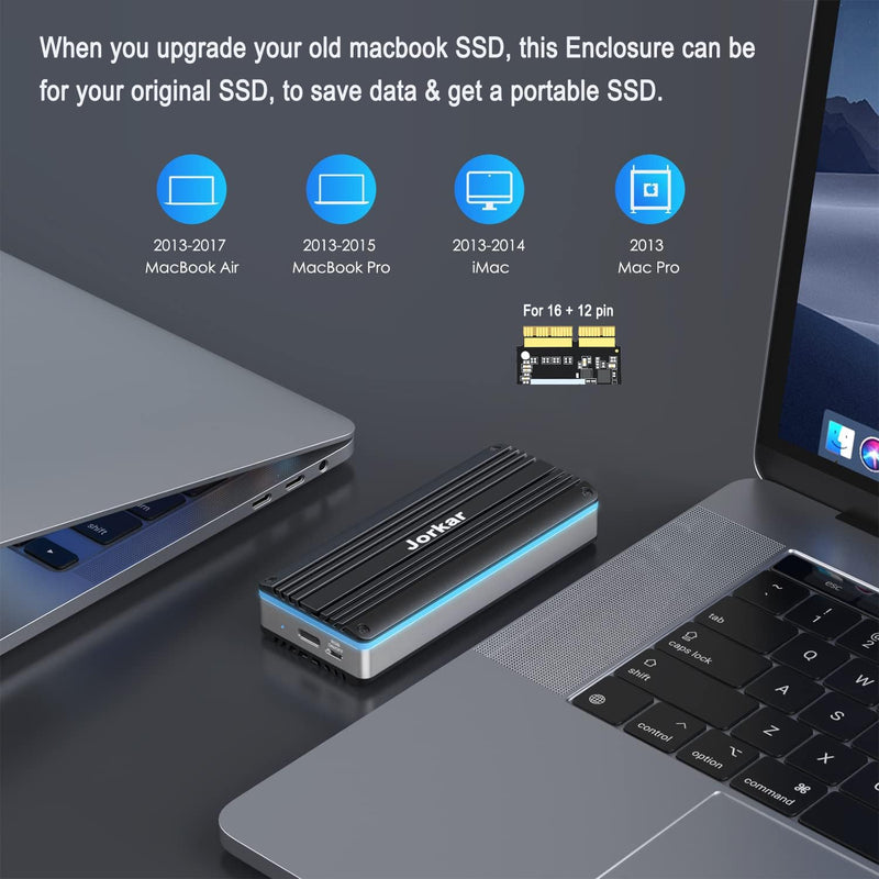 External SSD Enclosure USB C 3.2 for 12+16 Pin M SSDs, for Pro mid 2013-2015, Air mid 2013 to Early 2017, Portable Aluminum SSD Adapter with Indicator