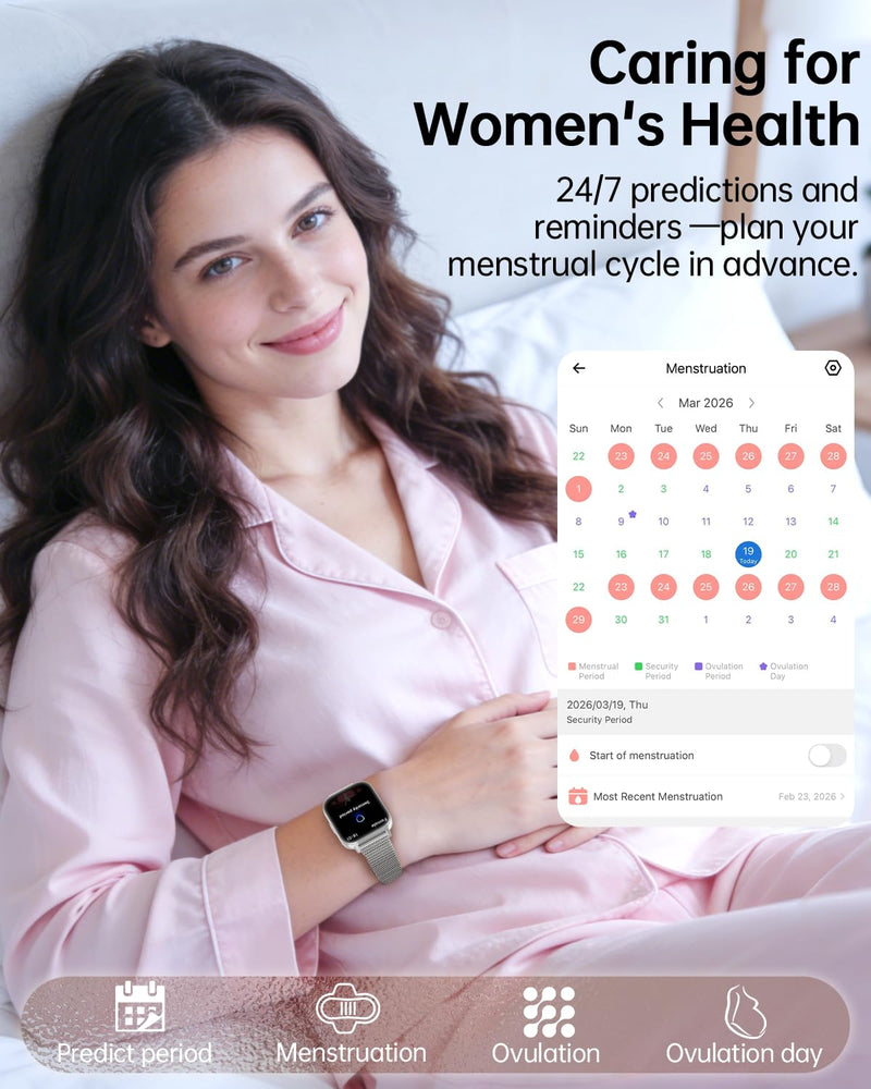 Smart Watch for Women with Bluetooth Call, 1.85" Fitness Tracker, Silver | 1000mAh Long Battery Life, Heart Rate SpO2 Sleep Monitor, Health Cycle Tracker, 120+ Sports, 4 Bands, Android iOS Compatible