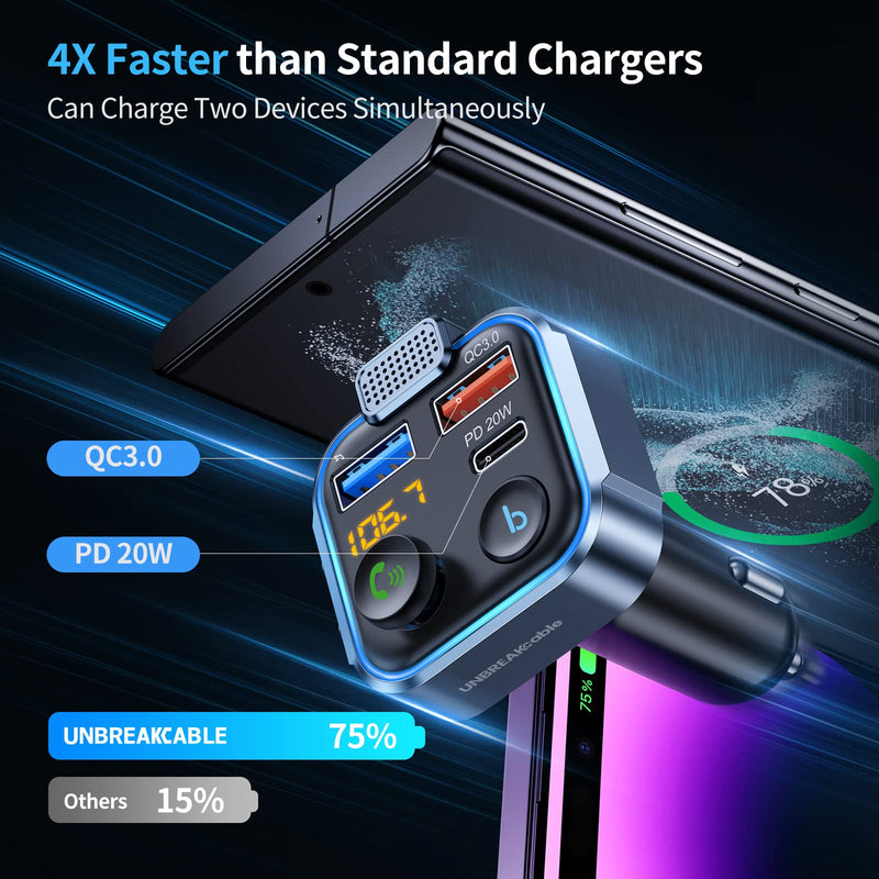 UNBREAKcable Bluetooth 5.3 FM Transmitter for Car, [PD 20W + QC 3.0] [Stronger Microphone & HiFi Bass Sound] Cigarette Lighter Radio Music Adapter Charger, Supports Hands-Free Siri Google Assistant Blue