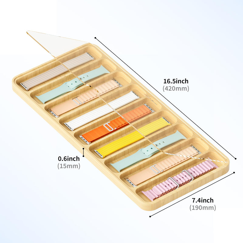 AFOOYO Wooden Watch Band Organizer - Works with All Apple Watch Bands - 9 Slots Display Watch Storage Case Tray with Acrylic Top Lid