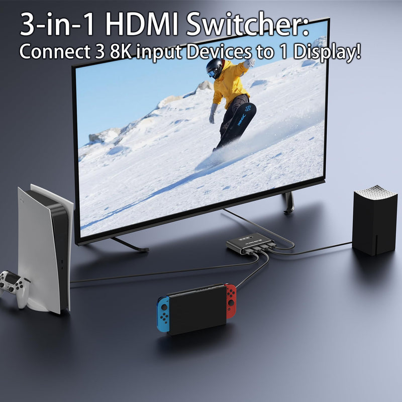 [AUSTRALIA] - HDMI 2.1 Switch 3 in 1 Out,8K HDMI Splitter Switcher,Supports 4K@120Hz,8K@60Hz, 48Gbps Ultra HD HDMI Box, Aluminum Shell, Compatible with PS4/PS5, Xbox, Fire Stick, Apple TV, Roku, HD TV. 8KBlack 
