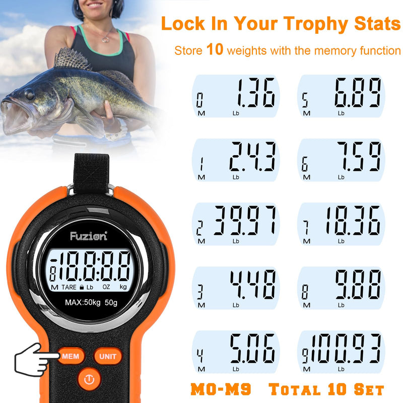 [AUSTRALIA] - Fuzion Fish Scale, Professional Fishing Scale - 110lb Capacity, Waterproof, Night Light, Memory & Tape Measure | Portable Fish Weigh Kit w/Lip Gripper, Batteries & Pouch 