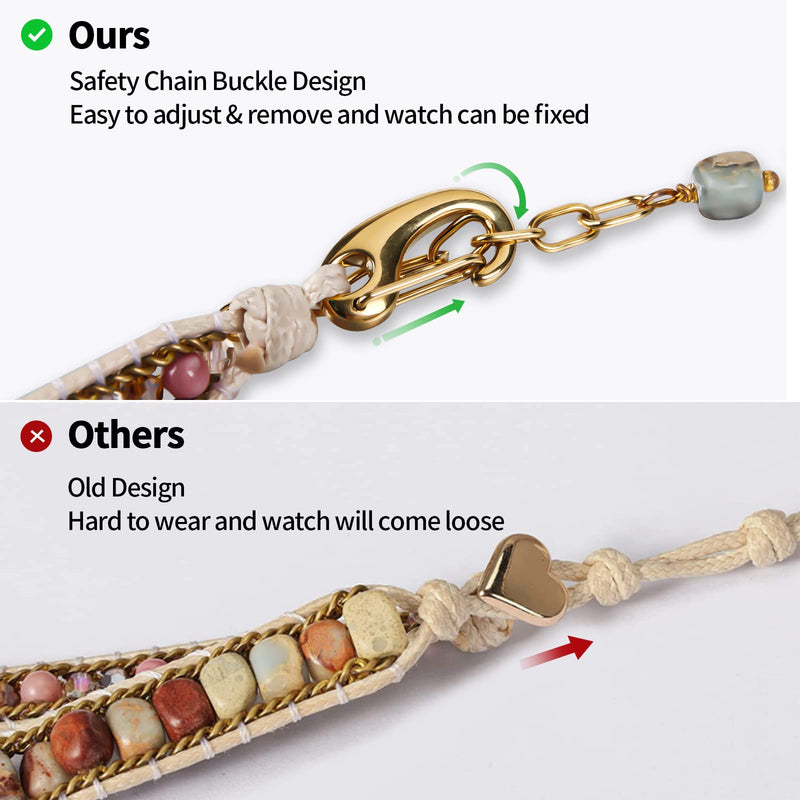 Handmade Boho Watch Band Compatible with Apple Watch 49MM 45MM 44MM 42MM 41MM 40MM 38MM Beaded Wrap Bracelet for iWatch Ultra, Series SE/9/8/7/6/5/4/3/2/1, Fancy Strap for Women (5.5"-6.3")-41/40/38MM/(42MM-Series 10) Jasper