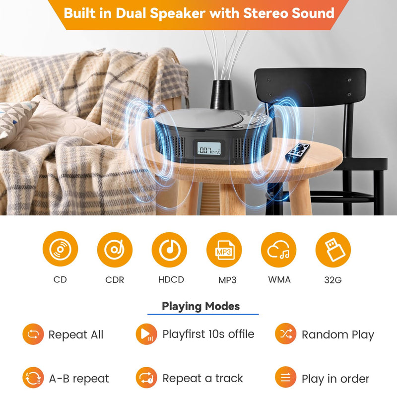 [AUSTRALIA] - CD Player Portable,MONODEAL Boombox CD Player with Bluetooth Transmitter,FM Radio & Bluetooth Speaker 2 in 1 Combo,Portable CD Player for Car/Home with Remote Control,Headphone Jack,Support AUX/USB Classic Black 