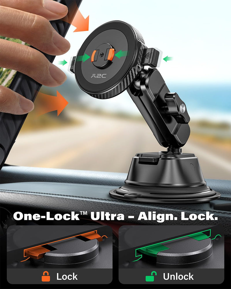 A2C One-Lock Ultra Heavy-Duty Vacuum Suction Cup Car Mount – Integrated Magnetic Auto-Align & One-Click Lock/Release, Aircraft-Grade Aluminum Arm, Built for Off-Road & Rugged Driving