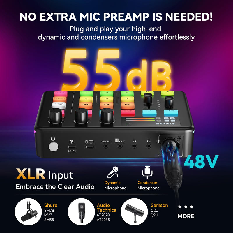 [AUSTRALIA] - SINWE G1 Gaming Audio Mixer, RGB Audio Interface with Pro-preamp,Bluetooth, Streaming PC Mixer with XLR/48V Phantom Power for Live Streaming, Podcasting, Content Create, Gaming(Black) Black 