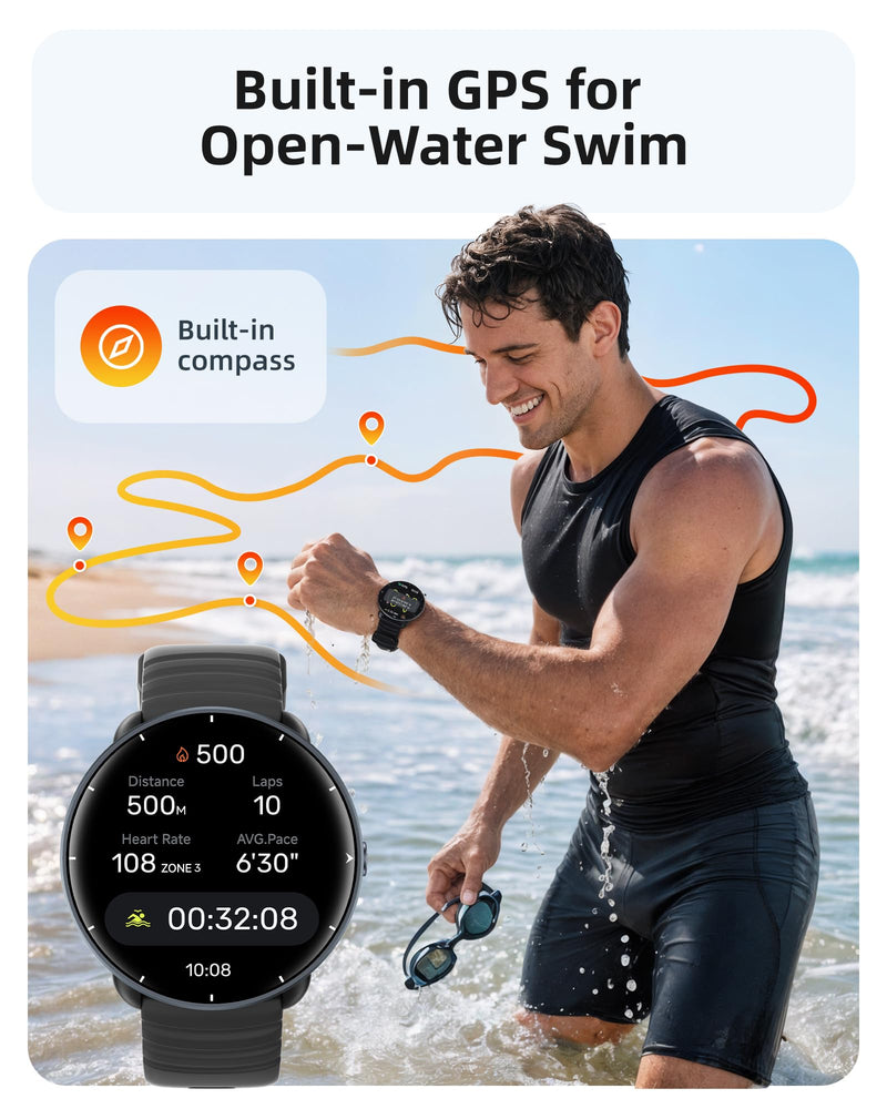 Parsonver Swimming Smart Watch, 5ATM Waterproof Watch for Pool & Open Water | AI Swim Analysis, Built-in GPS & Compass, AMOLED Screen Fitness Trackers 100+ Sports Modes, Heart Rate & Sleep Monitor, Black