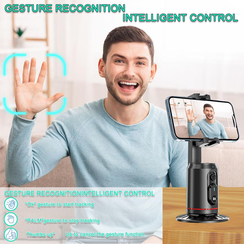 Auto Face Tracking Tripod 360° Rotating Auto Tracking Phone Stand, No App, Gesture Control Smart Shooting Camera Mount with Selfie Light and Remote for Live Vlog Streaming Video Tiktok-Rechargeable