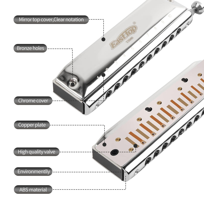 Professional Chromatic Harmonica C Key，Standard 10 Holes 40 Tones Mouth Organ T10-40 Harmonica for Adults,Professionals and Students(T10-40)
