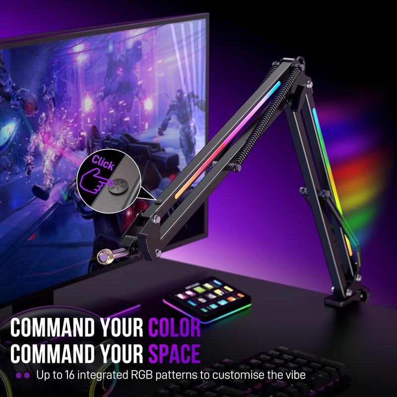 FIFINE Microphone Boom Arm, Metal Mic Arm Stand with RGB Control, 3/8” to 5/8” Screw Adapter, Desk Mount Clamp, Suspension Scissor Microphone Stand for Gaming Streaming-AmpliGame BM38 Black