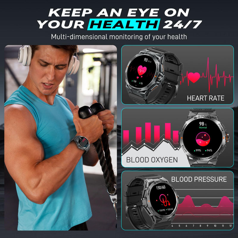 Military Smart Watch for Men Answer/Make Call 1.43" AMOLED Always On Screen | Rugged Smartwatch with Heart Rate Sleep Monitor Waterproof Outdoor Tactical Waterproof Smartwatch for iPhone Android Phone