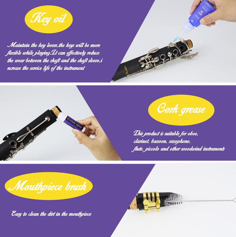 [AUSTRALIA] - Clarinet Cleaning Kit, Clarinet and Saxophone Care Kit, Key Oil, Cork Grease, Cotton Swabs, Cleaning Cloth, Thumb Rest, Mouthpiece Brush, Screwdriver... 