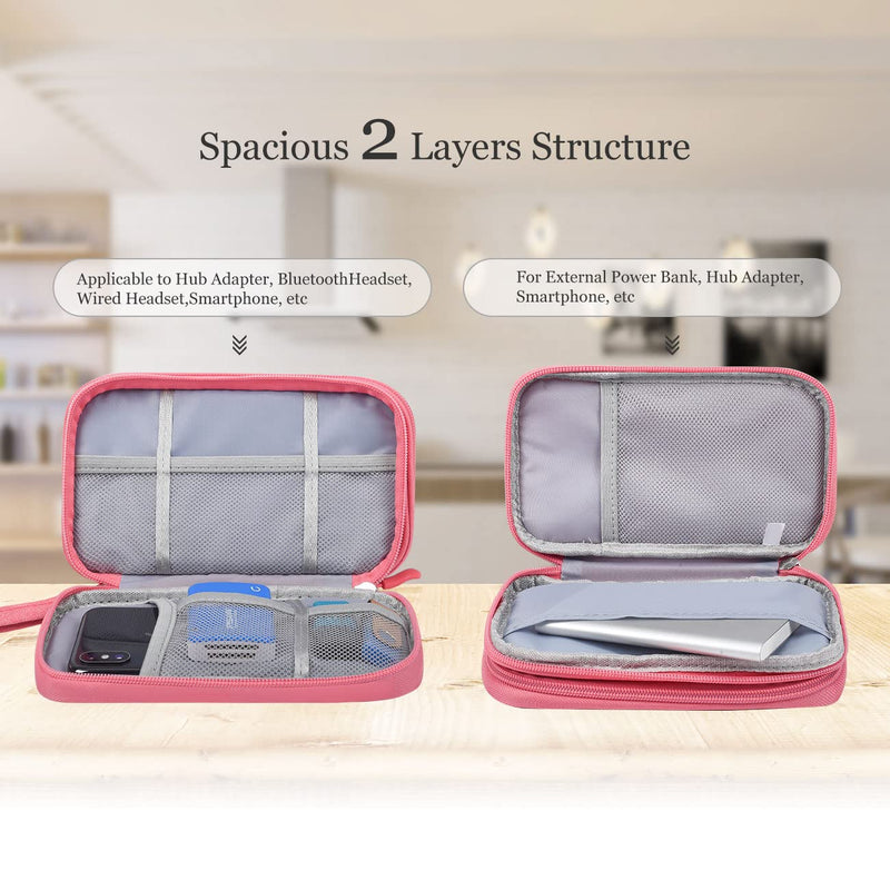 Electronic Organizer Travel USB Cable Accessories Bag/Case,Waterproof for Power Bank,Charging Cords,Chargers,Mouse ,Earphones Flash Drive Double Layer - Pink