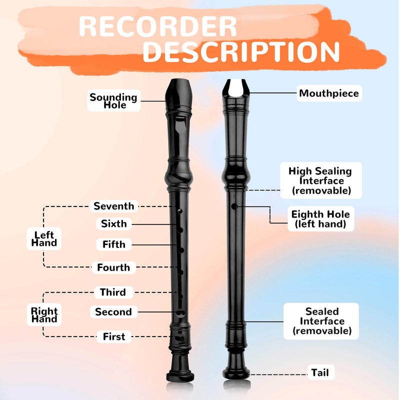 8-Hole Soprano Descant Recorder German Style Kids Music Flute with Cleaning Rod & Case Bag for School Student Home Entertainment - Black