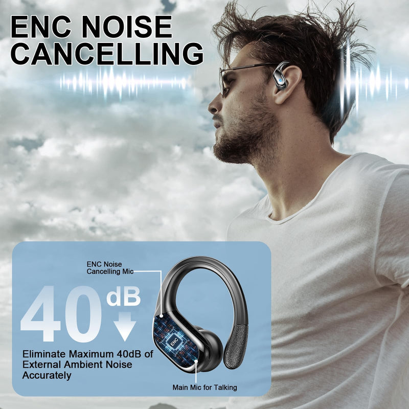 Wireless Earbuds, Sport Bluetooth 5.4 Headphones 2026 New Bluetooth Earbuds with 75Hrs Stereo, 4 ENC Mic, Noise Canceling Over-Ear Buds with Earhooks, IP7 Waterproof Earphones for Workout/Running/Gym A-Black