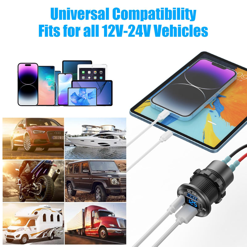 2 Pack 12V USB Outlet 4 Port Car Charger Socket, 78W Dual PD USB C and Dual Quick Charge 3.0 Port Aluminum Charger with Voltmeter DIY Kit Waterproof for Car Boat Marine Motorcycle RV ATV Truck, etc Pack of 2