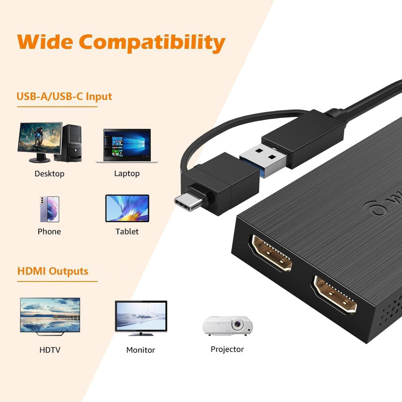 WAVLINK HDMI Splitter Extended Display for Dual Monitor, USB A or USB-C to Dual HDMI Adapter, Multi-Monitor Display 3 Separate Screens for Windows and macOS,4K30Hz,1080p@60Hz 1080P60Hz