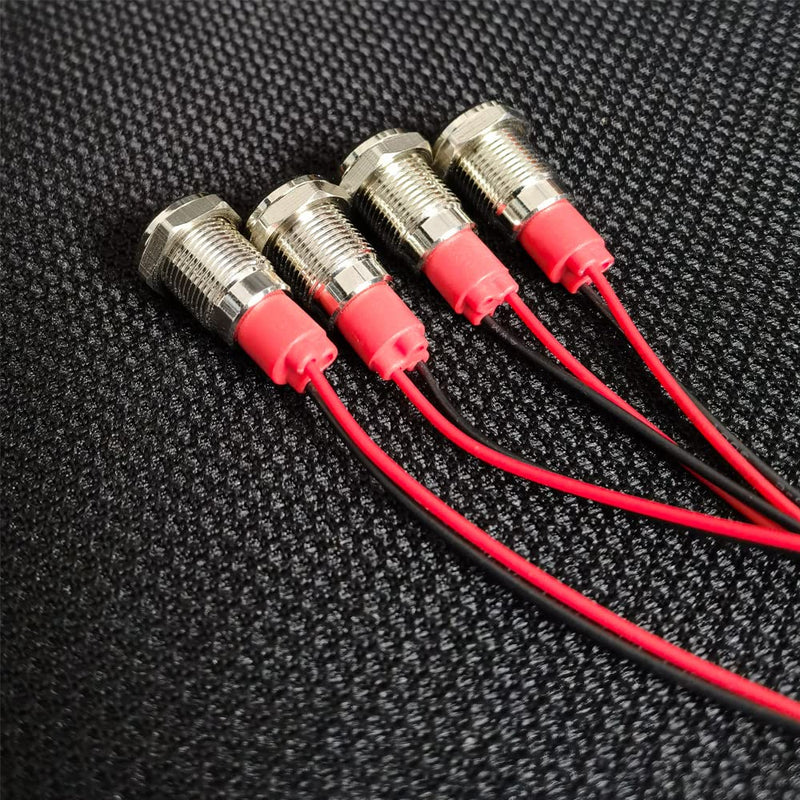 [AUSTRALIA] - GUUZI 10mm LED Indicator Light 12-24V Waterproof Signal Light Metal Plate LED Indicator Signal Light Plate Mount Flat Head with Wires Silver Housing (Red, 4 Pack) Red 