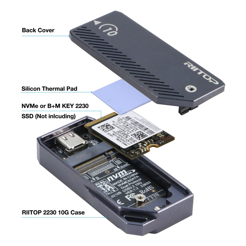M.2 2230 Enclsoure 10Gbps, RIITOP Small M.2 NVMe to USB-C Reader with Aluminum Case for Both (M Key) NVMe and (B+M Key) SATA SSD only in Size 22x30mm