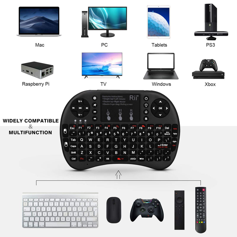 (Upgraded)Rii 2.4GHz Mini Wireless Keyboard with Touchpad,QWERTY Keyboard,LED Backlit,Portable Keyboard Wireless for laptop/PC/Tablets/Windows/Mac/TV/Xbox/PS3/Raspberry Pi .(i8+ Black)