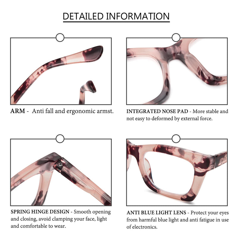 REAVEE Oprah Style Reading Glasses for Women, Blue Light Blocking Cute Oversized Square Computer Readers Spring Hinge Black/Pink Leopard/Blackpink 1.5 x