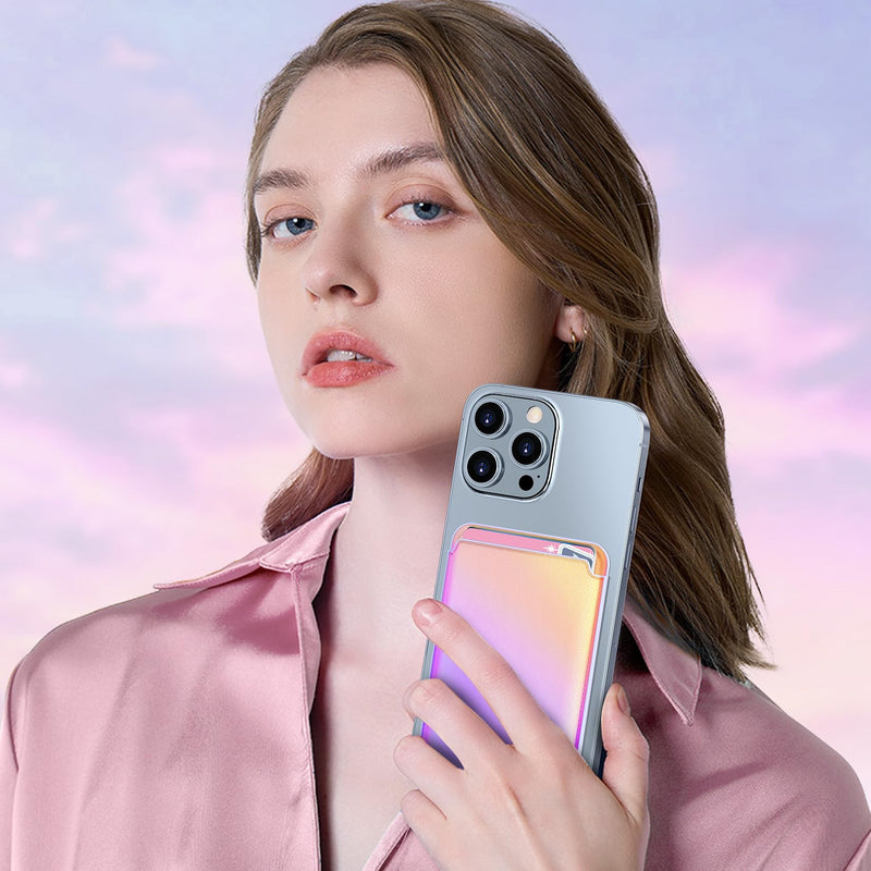 Magnetic Cell Phone Card Holder, Latest Rainbow Mag-Safe Card Wallet, RFID Blocking Phone Wallet for Women, Cell Phone Card Sleeves for Back of iPhone 15/14/13/12, Rainbow Purple