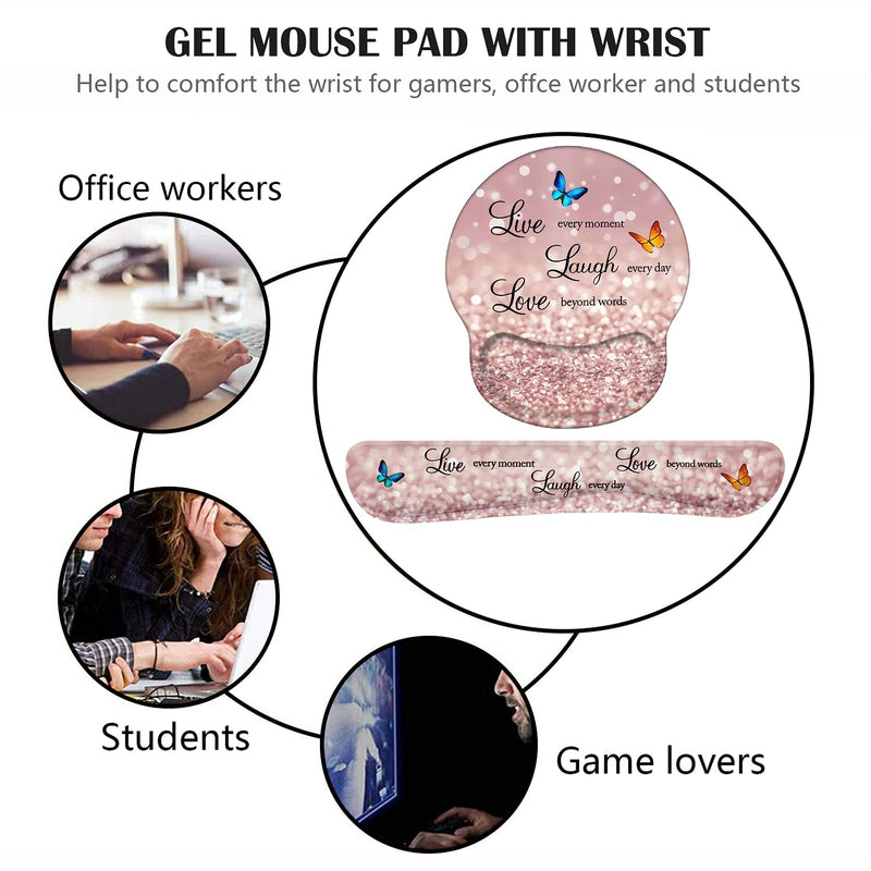 Keyboard Wrist Rest and Mouse Pad Wrist Support Set with Coasters, Non-Slip PU Base Ergonomic Gaming Mousepad for Home Office Working Studying Easy Typing & Pain Relief, Glitter Quote Live Laugh Love