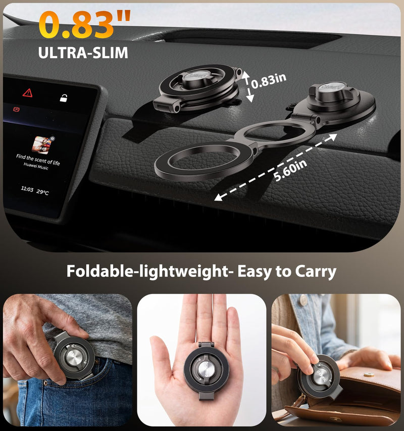 Upgraded Lock/Suction Cup Vacuum Magnetic Phone Holder，Adjustable&Foldable&Portable Zinc-Alloy Magnet Suction Phone Mount for Your Car/Dashboard/Desk/Windshield/Gym/Mirror,for iPhone Android