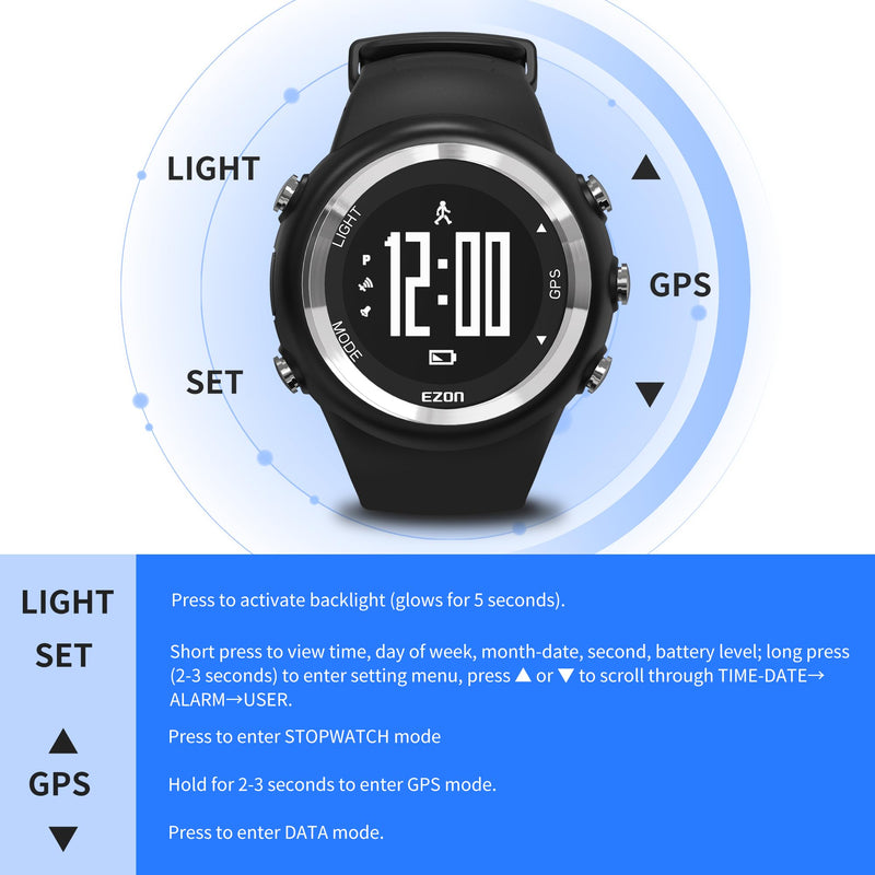 EZON GPS Running Watch with Speed Distance Pace Alarm and Calorie Counter and Stopwatch for Men T031 Black Athletic