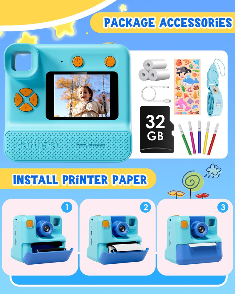 [AUSTRALIA] - Kids Camera Instant Print, Christmas Birthday Gifts for Toddle Girls Boys Age 3-12, 20MP & 1080P Selfie Digital Camera with 3 Roll No-Ink Print Paper 32G SD Card - Blue 
