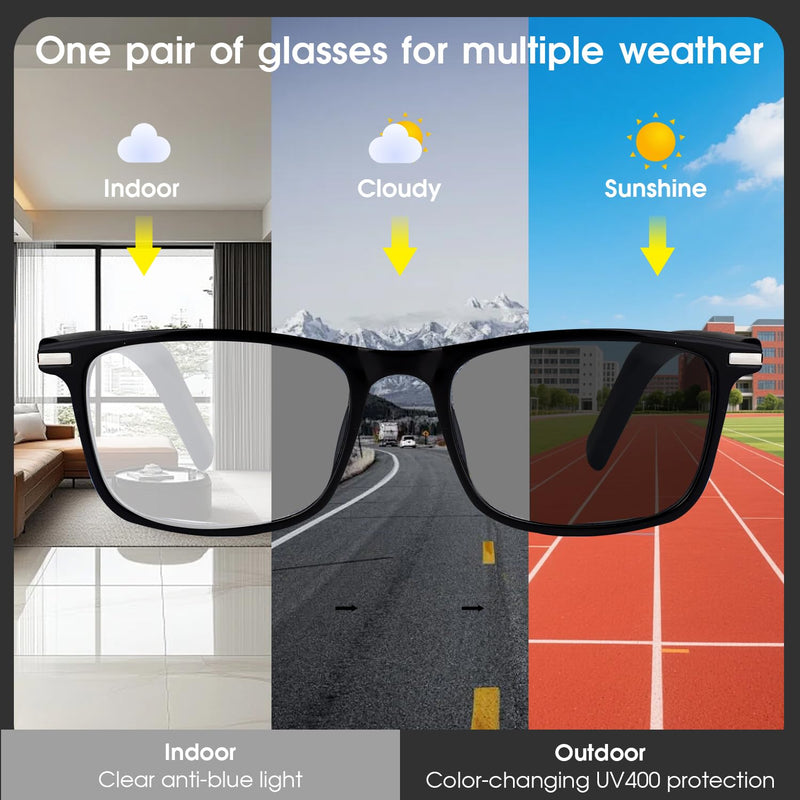 2026 Al Smart Glasses, Bluetooth Translation Glasses with 164 Languages | Color-Change Lens, Music & Call, IP65 Waterproof, Free App, Fashion Audio Glasses for Meeting Driving Travelling,Thin Temples Black-Photochromic lenses