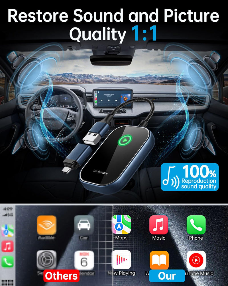 Luckymore Wireless Carplay Adapter, Converts Wired to Wireless Carplay Dongle for Wireless Control Plug & Play Carplay Fit for Cars from 2017 & for Apple iPhone iOS 10+ Navy