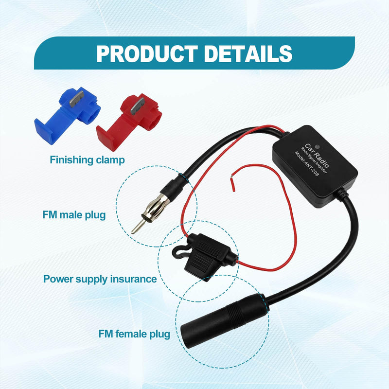 12V Car Antenna Booster 25 db Antenna Signal Reception Amplifier, Amplify Signal & Reduce Noise AM FM for Car Stereo, Audio, Radio, Media, Head Unit Receiver