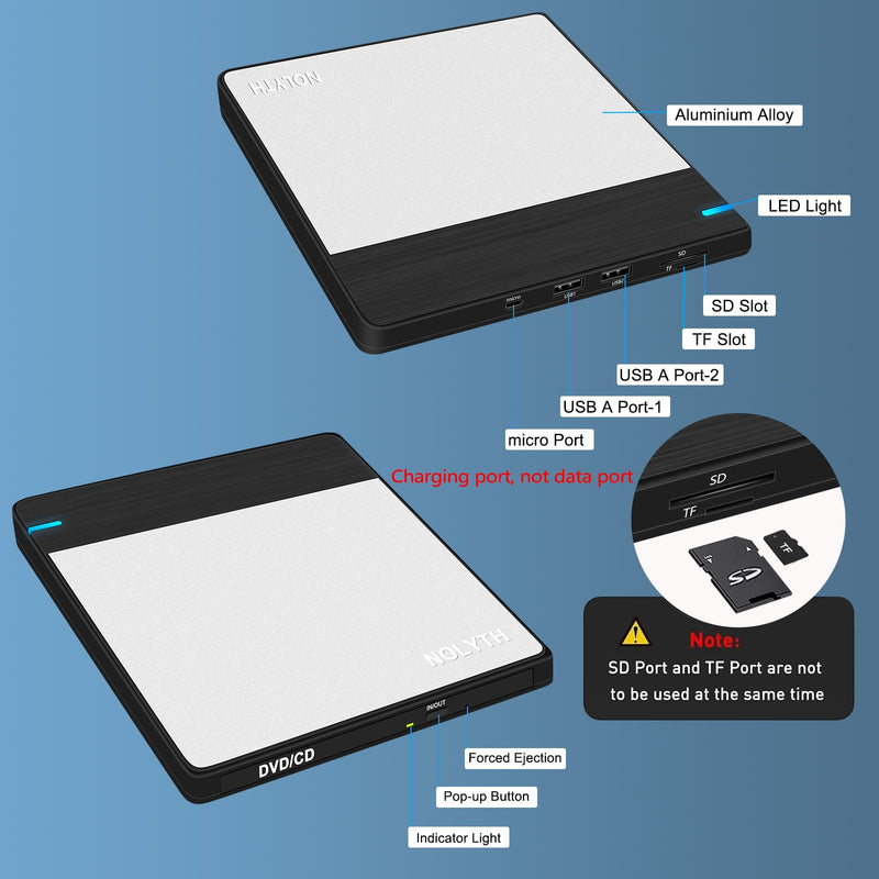 External CD Drive for Laptop: DVD Player for Mac Windows Plug & Play | External CD DVD Drive for Mac PC MacBook Windows 11, Slim USB Burner for Laptop with SD/TF/2 USB Ports, High-Speed Read Write Black Silver