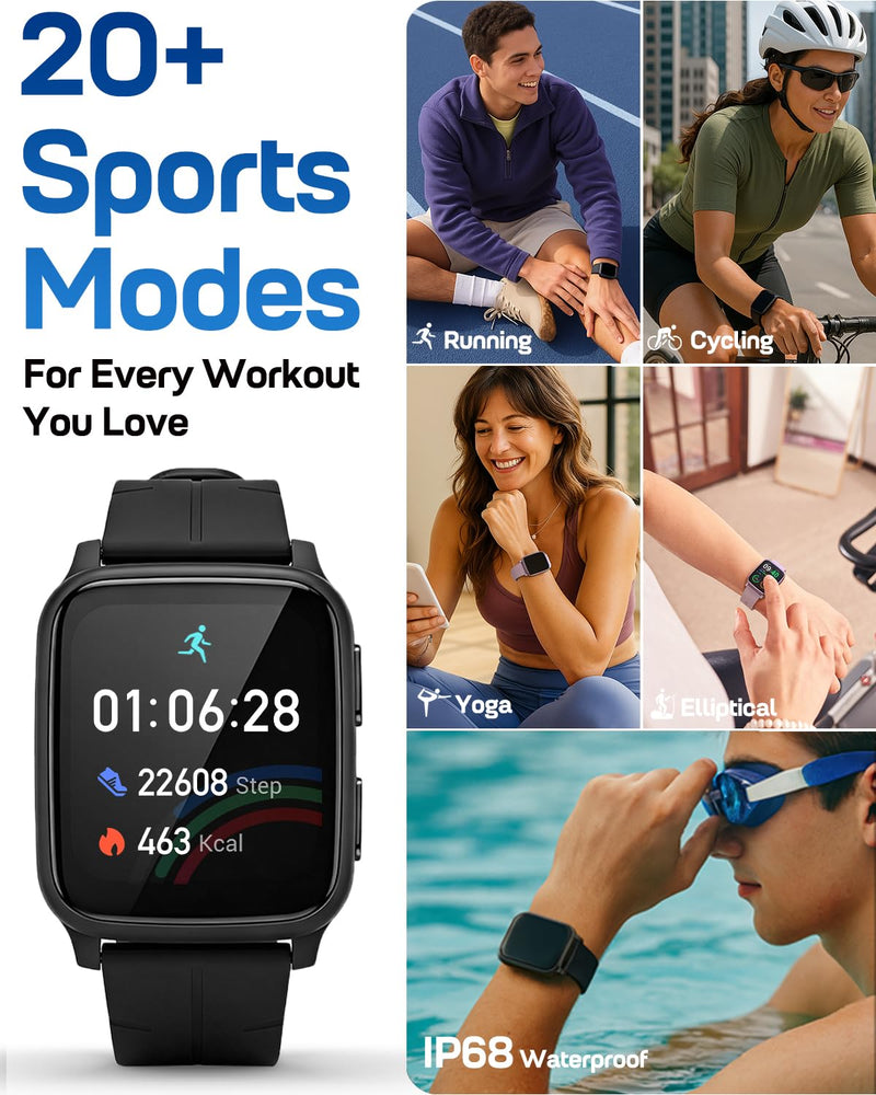 MorePro Fitness Tracker with 24/7 Heart Rate & Blood Pressure Monitor, Blood Oxygen & Sleep Tracker, Smart Watch with Step Calorie Counter, IP68 Waterproof Activity Tracker for Women Men Android iOS Black