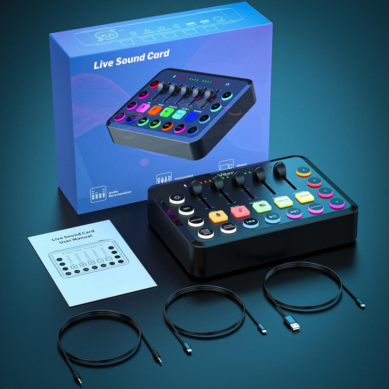 Gaming Audio Mixer, Rechargeable Audio Interface RGB PC Mixer with XLR Microphone Interface, Individual Control, Volume Fader, Mute Button, 48V Phantom Power, for Podcast/Recording