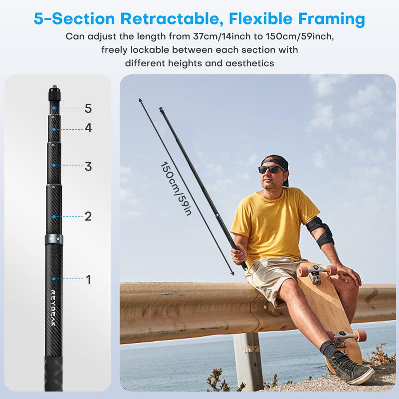REYGEAK Selfie Stick for Insta360 X4,59 Inch/150cm long Invisible Selfie Pole with 1/4 screw thread,Carbon Fiber Waterproof Extension Monopod for Insta360 X4/X3/X2/ONE/ONE RS/ONE X/ONE R.