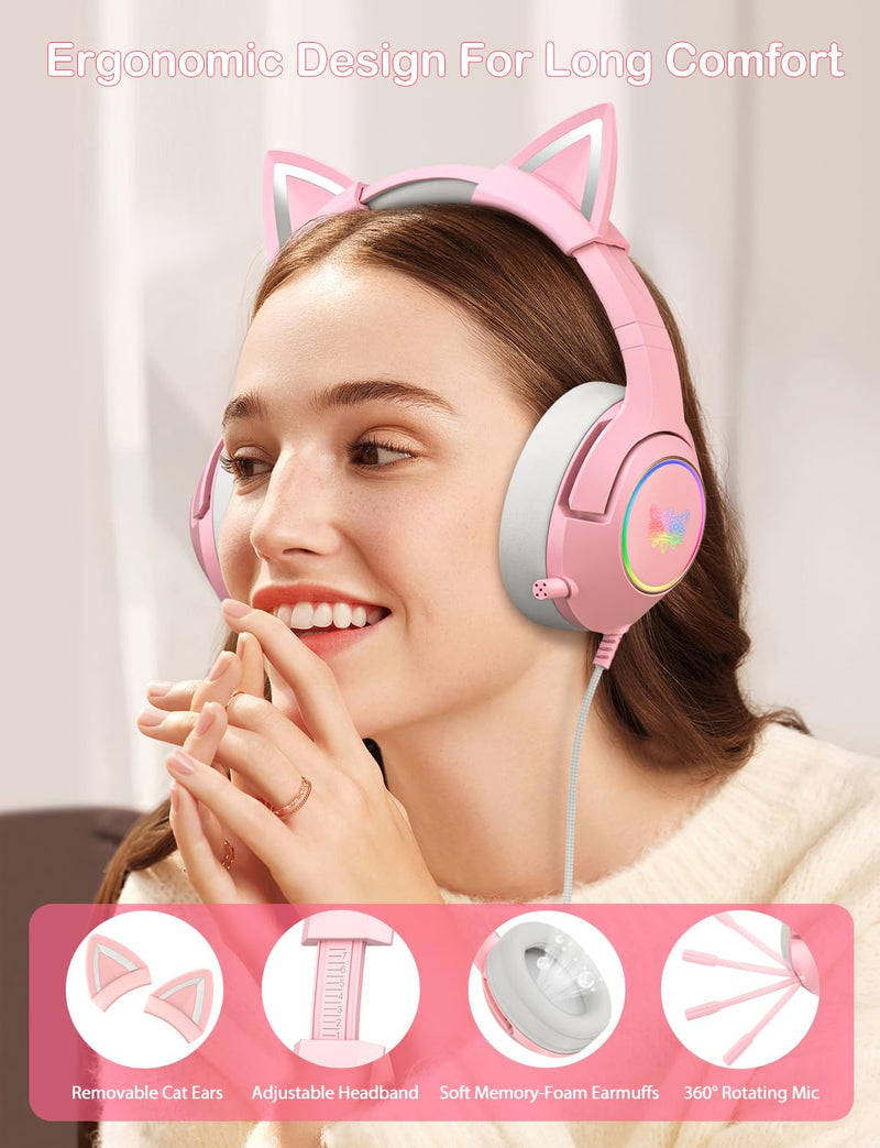 [AUSTRALIA] - PHNIXGAM Cat Ear Gaming Cute Headset, Wired Over-Ear Headphones with Retractable Microphone, Surround Sound, LED Backlight for PS4, PS5, PC, Mobile Phone (Light Pink) A Pink 3.5mm 