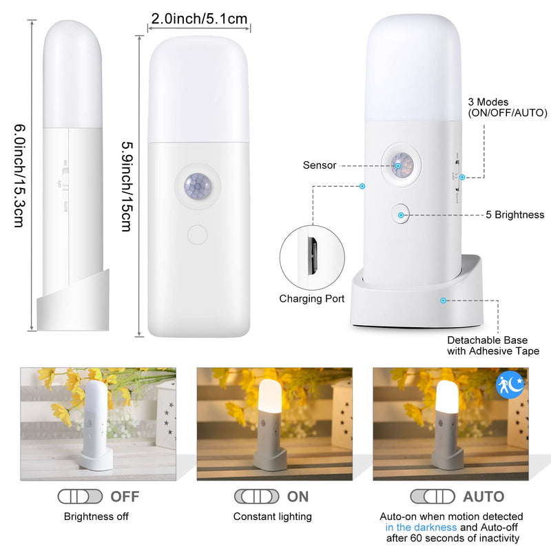 [AUSTRALIA] - YELKO Motion Sensor Night Light, 2000mAh Rechargeable Night Lights Battery Powered, PortableＤimmable Nightlights with 5 Brightness Levels for Kids,Adults (Warm White 2Pack) Warm White Two Pack 