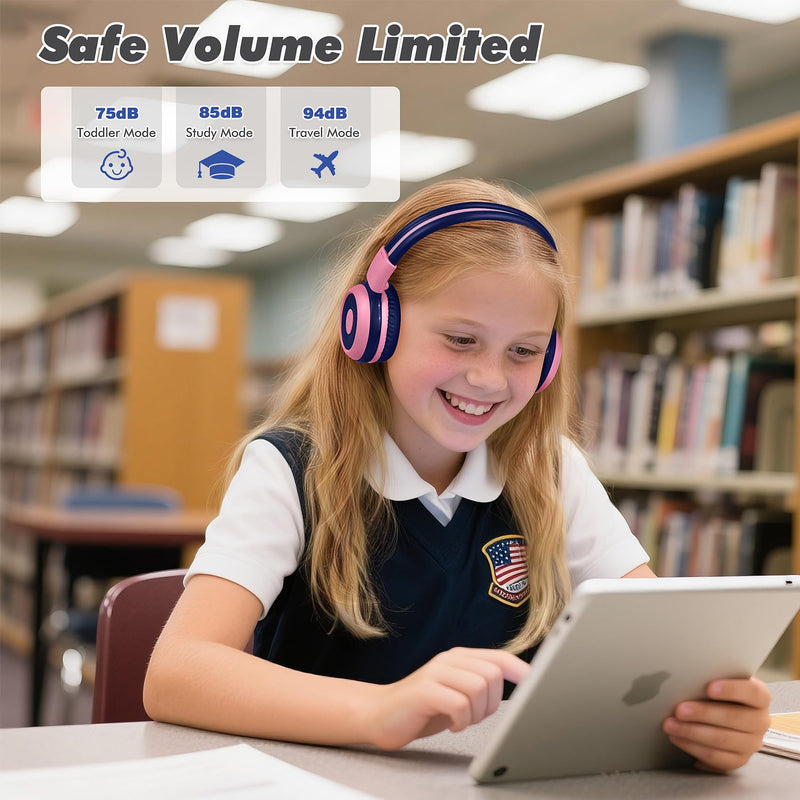 SIMOLIO Wireless Headphones Girls, Bluetooth Foldable Childrens Headphones with Mic and Volume Limited, Over-Ear Stereo Headset for Fire Tablet iPad School Travel Airplane Cellphones, Wired Mode Pink Bubblegum Pink